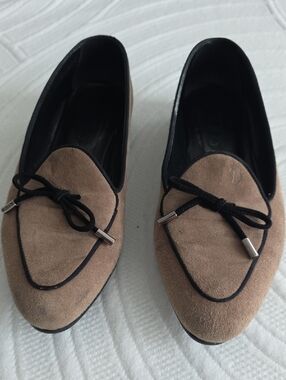 Tod's Taupe Suede Loafers with Black Trim and Bow